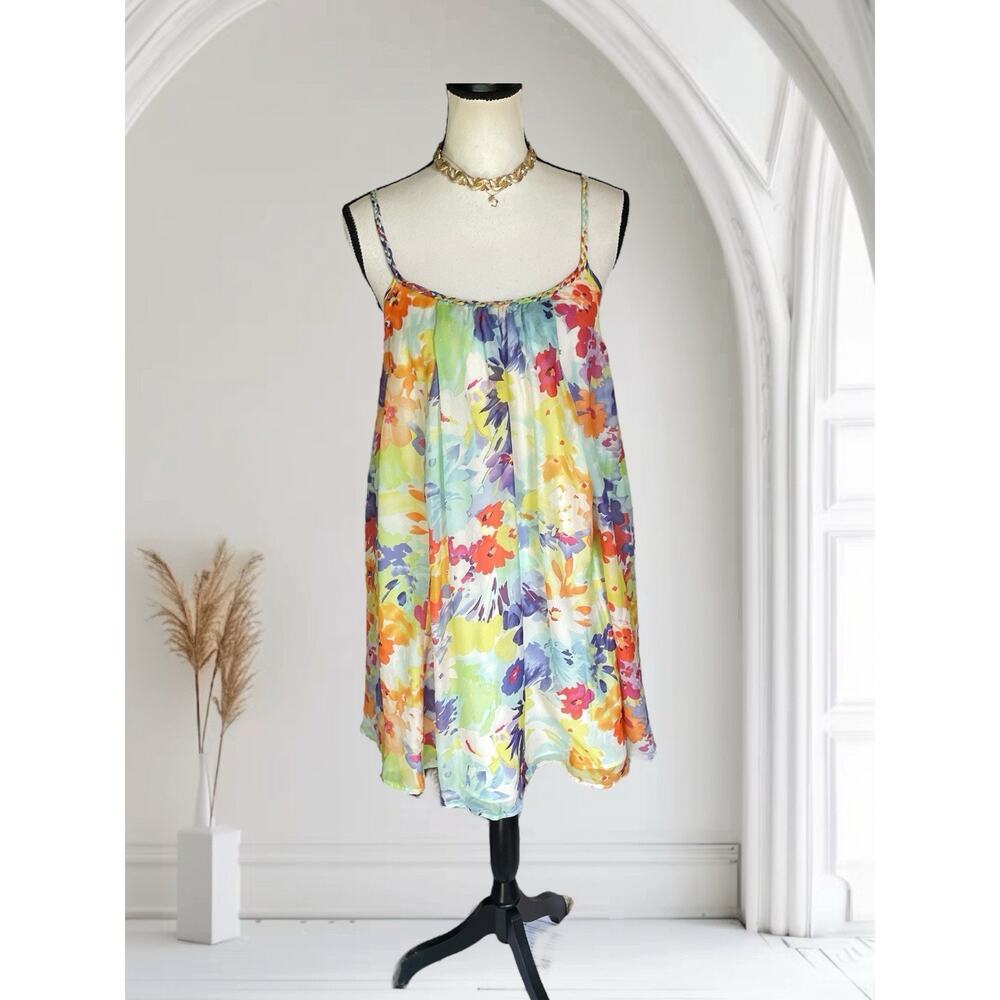 Charlie Jade Chiffon Tank Swing Floral Dress Multi Color EUC 100% Silk S 2 4 - Picture 2 of 11